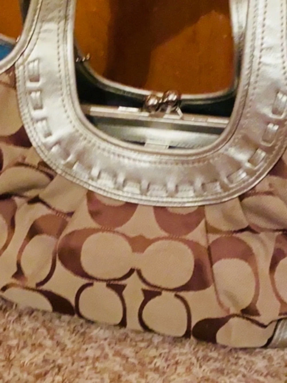 Coach Brown and Cream Signature Logo Tote with Metallic Trim
